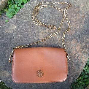 Tory Burch Tan Leather Crossbody Bag with Gold Chain
